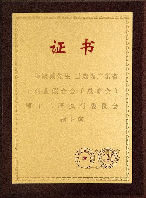 2017年6月当选广东省工商业联合会（总商会）第十二届执行委员会副主席